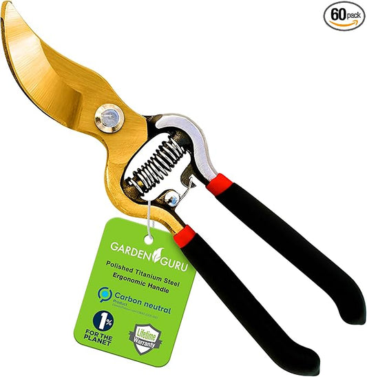 GARDEN GURU Indestructible Titanium Garden Clippers - Professional Bypass Hand Pruner Pruning Shear w Comfort Grip Handles for Gardening & Yard Work - Hardened Steel & Titanium Blade - 1 Case (60 Pcs)