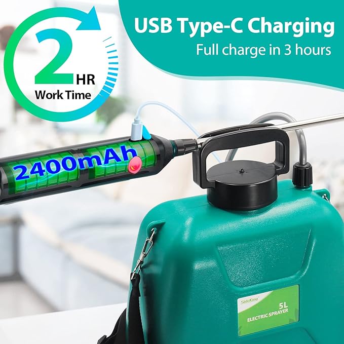 1.35 Gallon/5L Battery Powered Electric Sprayer with USB Rechargeable Handle, Portable Garden Sprayer with 23.6" Telescopic Wand, 3 Mist Nozzles and Adjustable Shoulder Strap