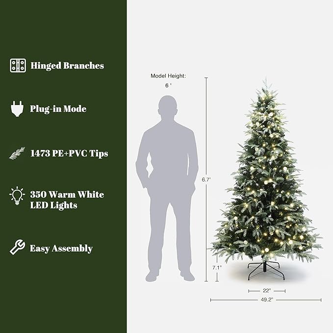 LuxenHome 6.5FT Prelit Christmas Tree with Lights, Green Flocked Artificial Christmas Tree with 350 LED Globe Lights, 1473 PE+PVC Branch Tips, Plug-in Prelit Pine Tree Indoor, Outdoor Holiday Décor