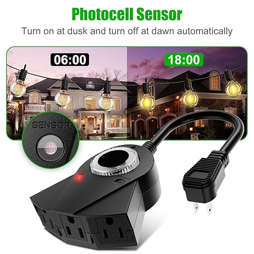 Outdoor Light Timer Waterproof, 24 Hours Plug in Timer with 2, 4, 6 or 8 Hours Countdown Mode, 3 Grounded Dusk to Dawn Electrical Outlet for Outdoor Backyard Garden Patio Lights Christmas Decorations