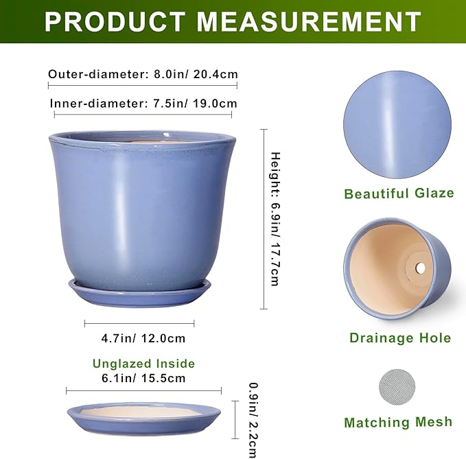 Ceramic Pots for Plants - 8 Inch Planter for Indoor Outdoor, Round Flower Pot with Drainage Hole and Saucer, Modern Planter, Home Garden Apartment Decor, Gifts for Plant Lovers, Purple-Blue