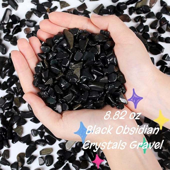 Black Obsidian Crystal Polished Gravel Quartz Stones 0.3-0.4" Pea Chips Stone Natural Crushed Tumbled Rocks Gem for Home Decoration Aquarium Small Tank Plants Vase Filler Landscape Ornament, 0.55 lbs