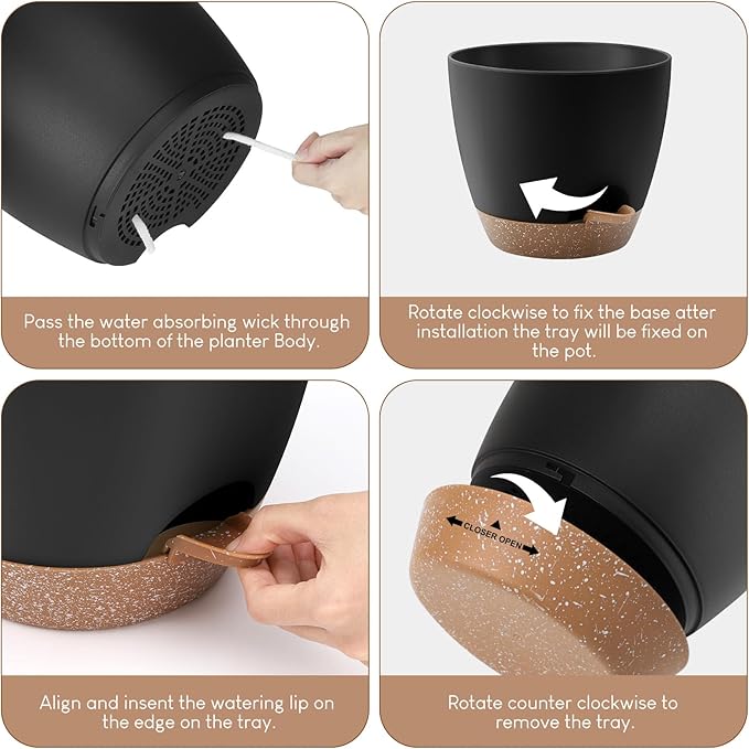Plant Pots 10/9/8/7.5/7 inch, Self Watering Planters with Drainage Holes & Saucers for Indoor and Outdoor Plants (Black)