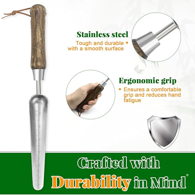 Narrow Stainless Steel Garden Trowel with Wood Handle - Heavy Duty Hand Shovel for Precise Planting, Weeding, Digging & Transplanting - Ergonomic Gardening Tool with Depth Markings