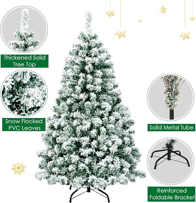 Happygrill 4.5FT Pre-lit Artificial Hinged Christmas Pine Tree Snow Flocked Christmas Tree with Solid Metal Stand Flexible Branches Traditional Festival Decoration Tree