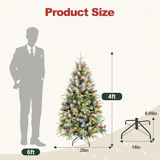 4Ft Pre-Lit Artificial Christmas Tree Fully Pre-Decorated with 747 Flocked Frosted Tips, 35 Berries, 35 Pine Cones, 150 Lights, Realistic Xmas Tree with Metal Hinges& Floded Stand
