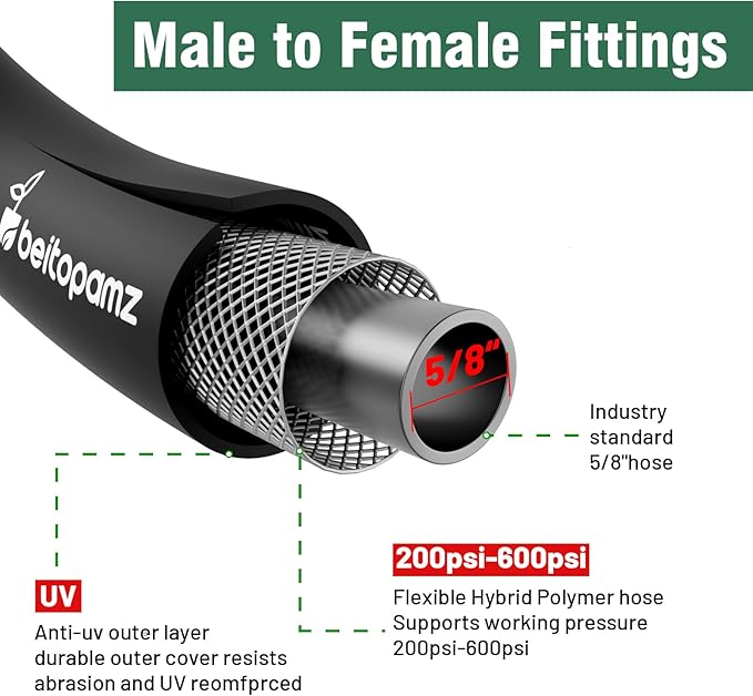 Short Garden Hose 3 ft x 5/8 in Male to Female Heavy Duty Small Water Hose Extend Connector, Lightweight Rubber Hybrid Leader Hose, Leak-Free Connections, BT3B, Black