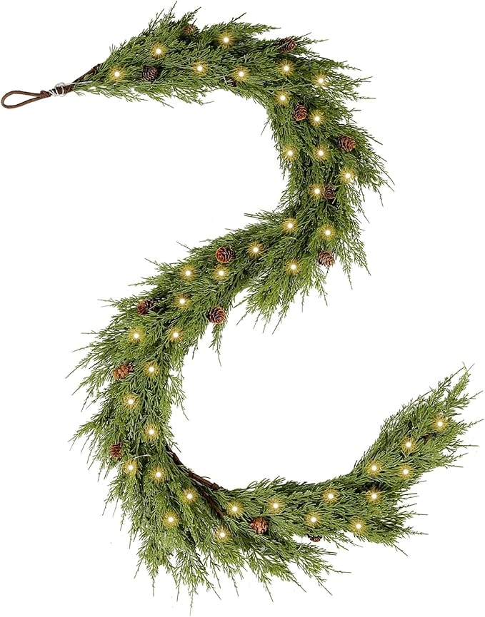WBHome Real Touch Cypress Cedar & Pine Cone Evergreen Garland for Christmas Holiday Seasonal Outdoor/Indoor Home Decor, 6FT Long