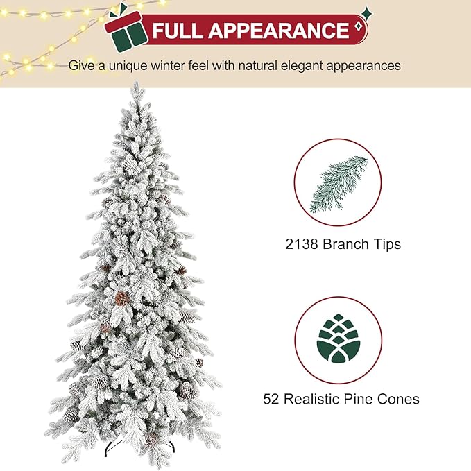 9 FT Snow Flocked Slim Fir Christmas Tree with 2138 PE & PVC Mixed Branch Tips,Unlit Artificial Skinny Pencil Xmas Tree with 52 Pine Cones,Hinged Premium Xmas Trees for Home,Office,Party Decoration