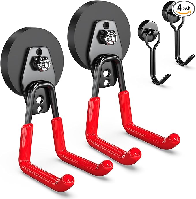 3-H Heavy Duty Magnet Garage Hooks 2 Pack, Large Strong Magnetic Hooks for Hanging Cordless Power Drill, Utility Magnetic Tool Holder for Metal Cabinet, Steel Pegboard, Toolbox, Garage(Red)