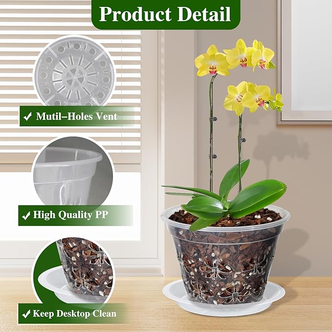 Orchid Pot, 8 Pack 4 Inch Clear Orchid Pots with Holes & Saucers - Aeration Flower Planters for Phalaenopsis, Dendrobium & Airflow Root Orchids - Ideal for Repotting, Drainage & Healthy Growth