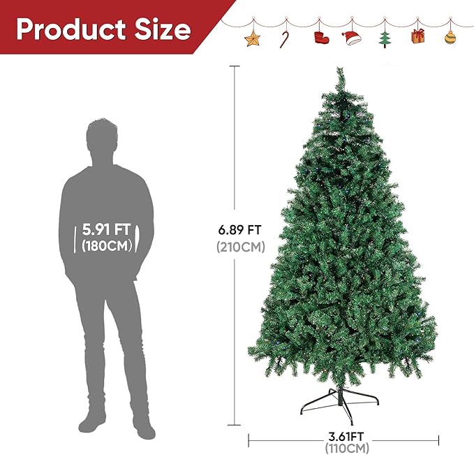 Northroad 7ft Pre-lit Artificial Christmas Tree, Prelit Xmas Tree w/1592 Branch Tips & 500 UL Listed Lights with Remote Control,Timer for Xmas Decoration,Green