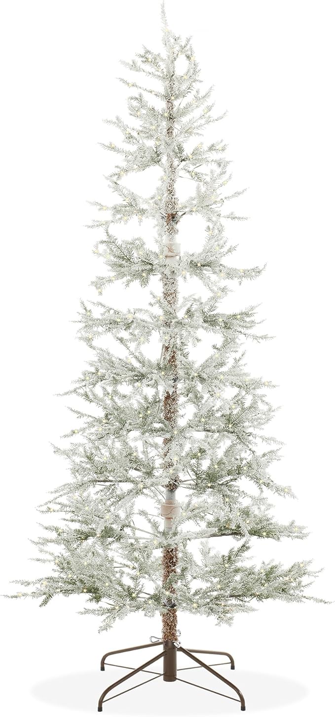 Casafield 6.5FT Pre-Lit Sparse Flocked Pine Artificial Holiday Christmas Tree with Sturdy Metal Stand