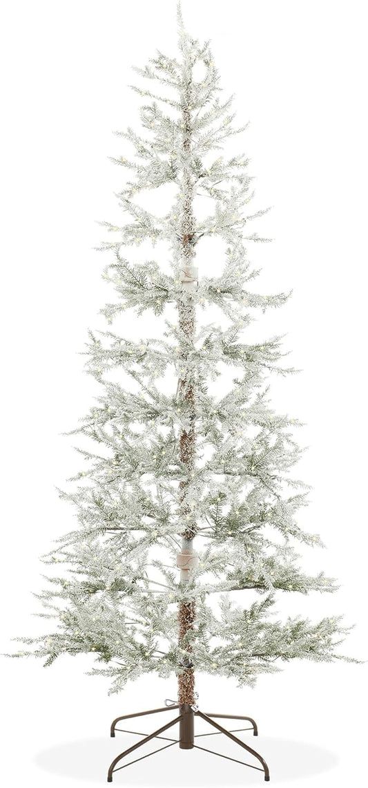 Casafield 6.5FT Pre-Lit Sparse Flocked Pine Artificial Holiday Christmas Tree with Sturdy Metal Stand
