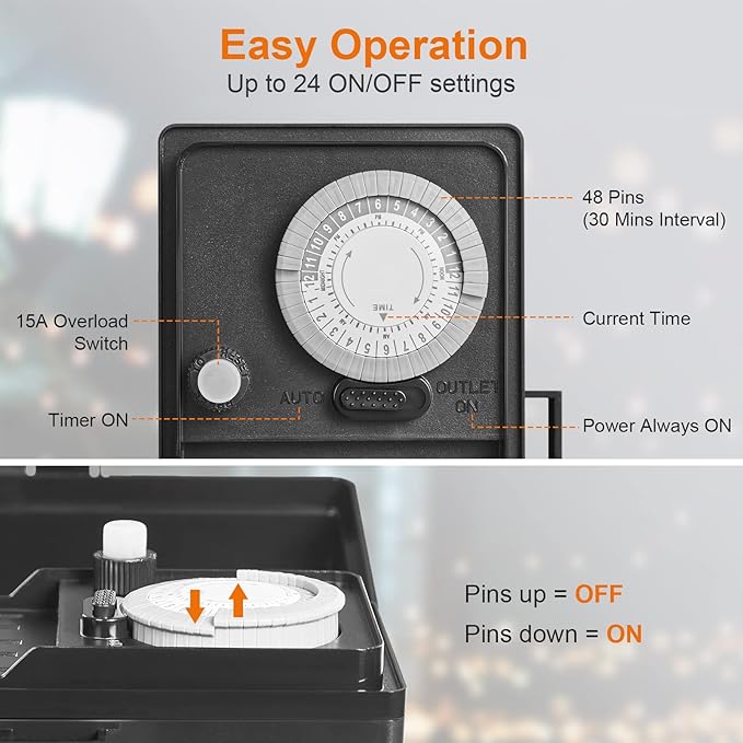 SURAIELEC Outdoor Power Stake Timer, 24-Hour Mechanical Light Timer, Electrical Power Strip Weatherproof, 6FT Extension Cord Multiple Outlet Plug for Patio Lights, Halloween Decorations, ETL Listed