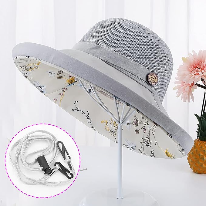 Women Wide Brim Sun Hats Metal Wired Edge Summer UV Protection Beach Fishing Hat for Hiking Garden Travel Chin Strap