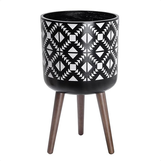 D'vine Dev 12 Inch Planter Pot with Stand, Mid-Century Tall Plant Pot with Legs for Indoor Plants, White/Black, 88-G-C-4