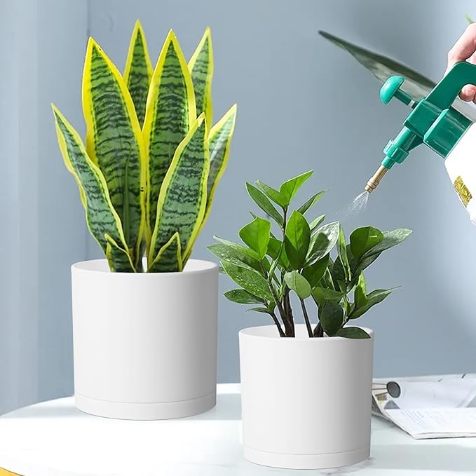 8/7/6 inch Plant Pots, 3 Pack Cylinder Flower Pots for Outdoor Indoor Plants, Decorative Plastic Planters with Drainage Holes and Saucers for Garden House Plants, White with Brown