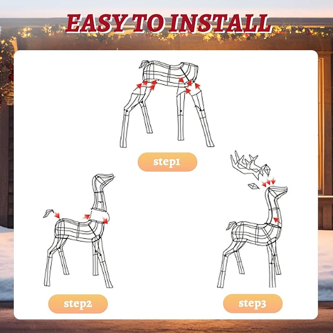 51" H Christmas Iridescent Reindeer Decoration Family Set for Yard 3-Piece Light Up Deer with 360 LED Lights and Ground Stakes 3D Large Outdoor Holiday Decoration for Patio, Lawn, Garden