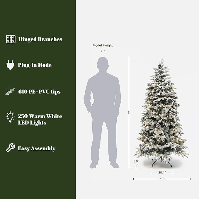 LuxenHome 6FT Christmas Tree with Lights, Flocked Artificial Christmas Tree with 8 Lighting Functions, 250 LED Lights, Pine Cone, Prelit Xmas Trees for Indoor and Outdoor Holiday Decor