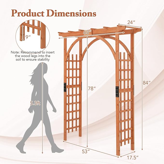 Happygrill Wood Garden Arbor, 84 Inch Outdoor Archway Pergola w/Decorative Hanging Roof & Side Climbing Trellis, Garden Arch for Climbing Plants, Wedding Ceremony Decoration, Lawn, Party