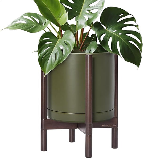 D'vine Dev Ceramic Planter with Walnut Color Stand - 12 Inch Modern Round Flower Pot with Wood Planter Holder, Olive, 55-B-W-J