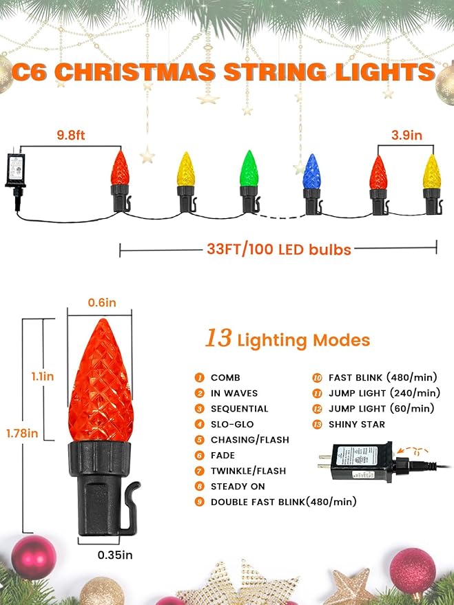 2 Pack C6 Christmas Lights Outdoor Indoor, Total 200 LED 66 FT Connectable Christmas String Lights with Timer & 13 Modes, Waterproof Twinkle Light for Xmas Tree Party Wedding Decorations (Multicolor)