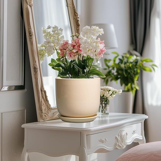 Ceramic Planter - Round Modern 8 Inch Plant Pot with Drainage Hole and Saucer for Flowers Herb, Home House Office Room Apartment Decor, Yellow