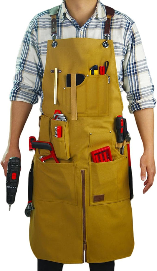 Woodworking Apron, Tool Apron, Canvas, Multiple Pockets, Adjustable Zipper, Metal Ring, Tape Measure Clip, Plus Size, Khaki.
