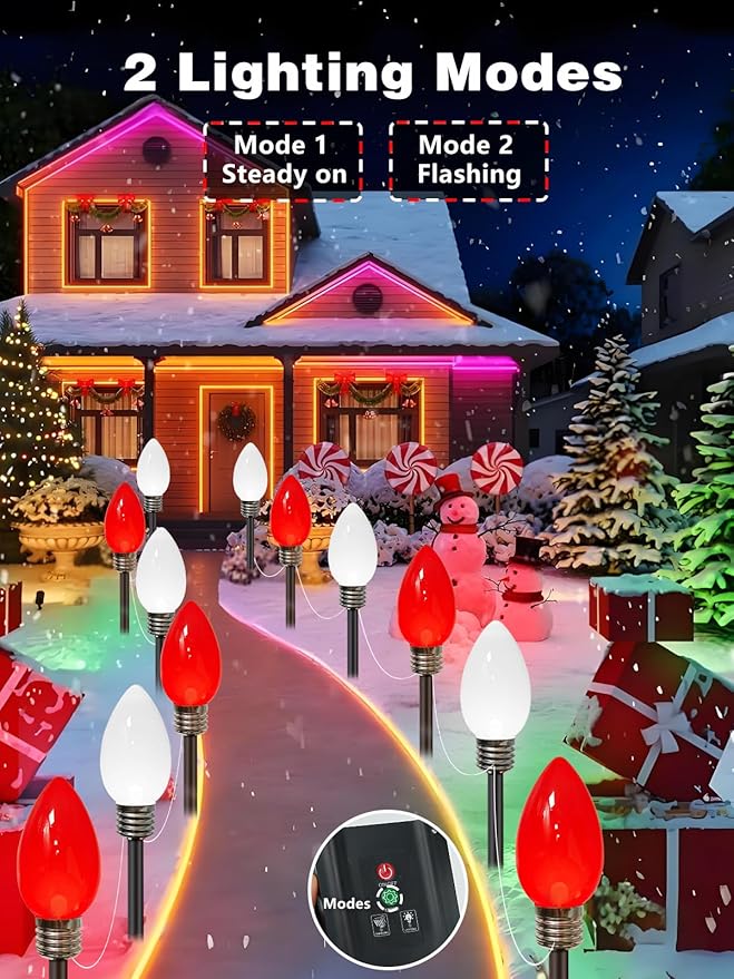 12 Pack Large C9 Christmas Decorations Outdoor Waterproof, Solar C9 Christmas Lights Outdoor with 2 Modes, Solar Pathway Light for Outside Party Yard Lawn Patio Walkway Xmas Decoration (Red and White)