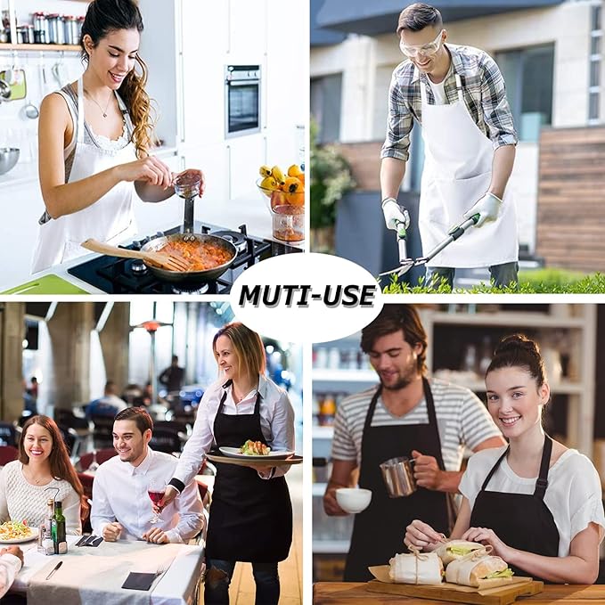 4 Packs Chef Apron, Waterproof Apron, Adjustable Aprons with 2 Pockets for Men Women, Professional Aprons for Kitchen Cooking Gardening Painting Baking Restaurant (White)