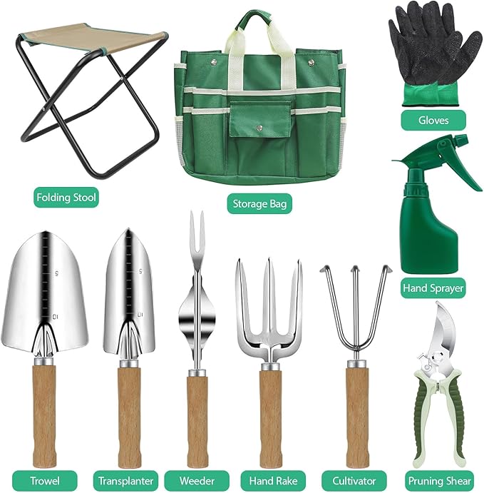LeMotech Garden Tool Set,10 Pieces Heavy Duty Gardenting Tool Kit, Folding Stool with Detachable Tote Bag, Thicker Stainless Steel Tools (Trans-Planter,Trowel,Weeder etc.) for Women Men