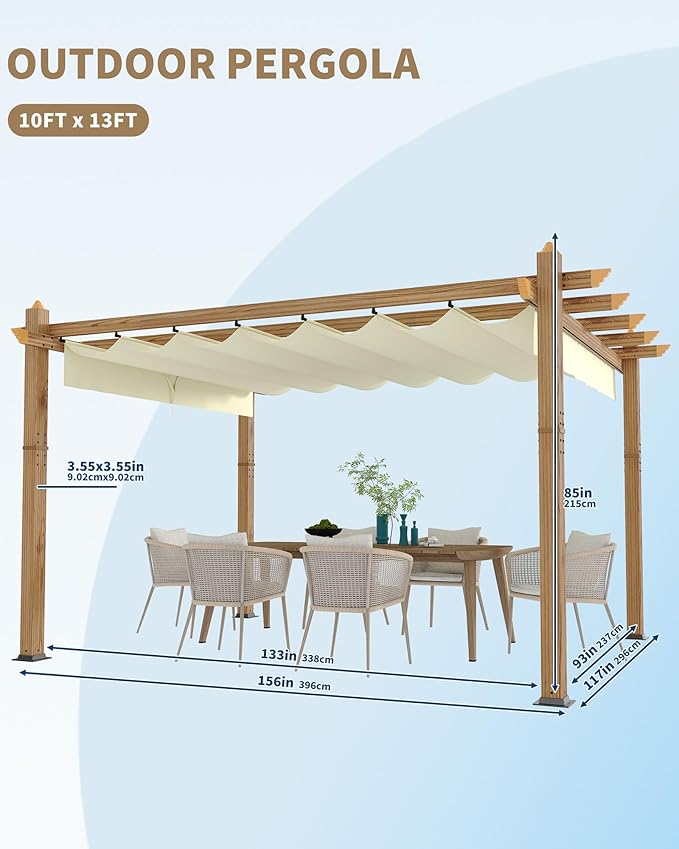 Garvee 10x13 Ft Outdoor Pergola Faux Wood Grain Aluminum Gazebo with Retractable Canopy for Patio Modern Backyard Deck Porch Grape Trellis(Beige)