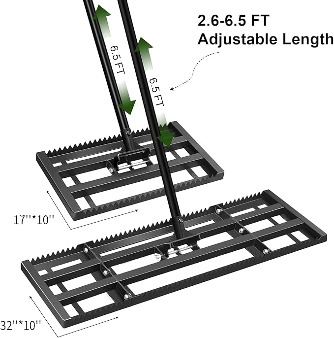Lawn Leveling Rake-32"x10" Heavy Duty Leveler Reinforced Landscape Tool, Steel Lawn Rake with Serrated Edge & Smooth Plate for Level Soil Compost Sand Grass Dirt Yard Garden 6.5FT Adjustable Handle