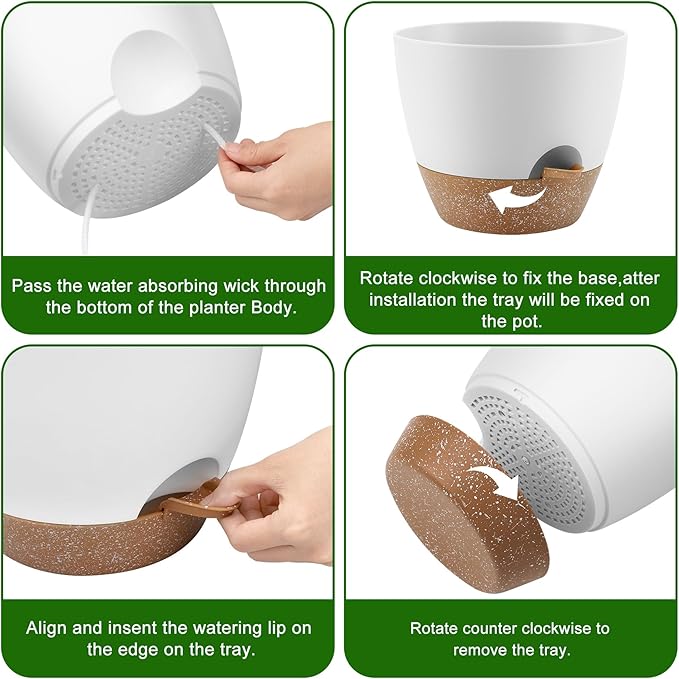 Plant Pots 10/9/8/7.5/7 Inch Self Watering Pots, Set of 5 Plastic Planters with Drainage Holes and Saucers,Plastic Flower Pots,Nursery Planting Pot for Indoor Out Door Plants（White）