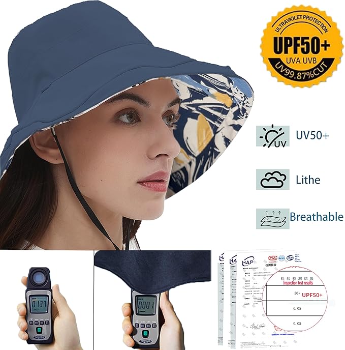 vidsel Womens Sun Hats Wide Brim Reversible Bucket Cotton Hat Packable Summer Travel Cap with Hat Clip,UV Protection