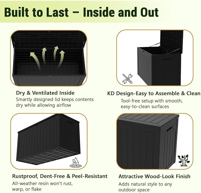 Outdoor Storage Box, 100 Gallon Deck Box Outdoor Storage Bench Outside Waterproof Resin Storage Bench, Lockable Patio Cushions, Garden Tools Storage For Furniture, UV Resistant(Black)