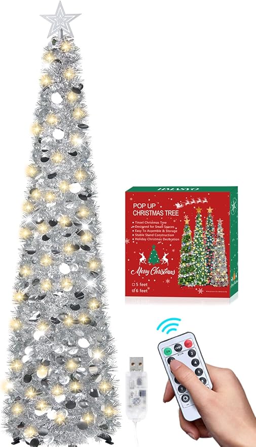 HMASYO 6 FT Pop Up Christmas Tree with 100 LED Lights & Remote, Silver Christmas Tinsel Tree, Collapsible Artificial Pencil Tree for Home Office Party Decor, USB Powered Timer Lights, Easy Assembly