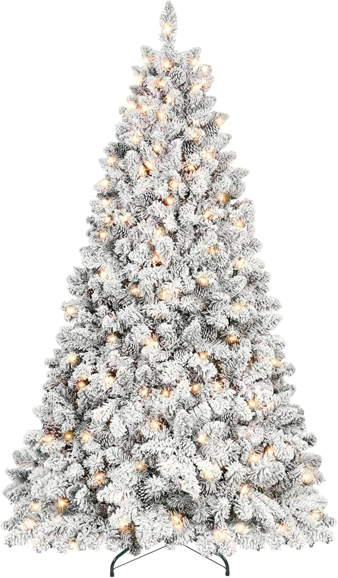 7.5 ft Prelit Flocked Christmas Tree, Lighted Full Christmas Tree with Pine Cones & 550 UL Lights, Snow Frosted Artificial Christmas Tree with Lights, Auto Hinged Xmas Tree for Holiday Décor
