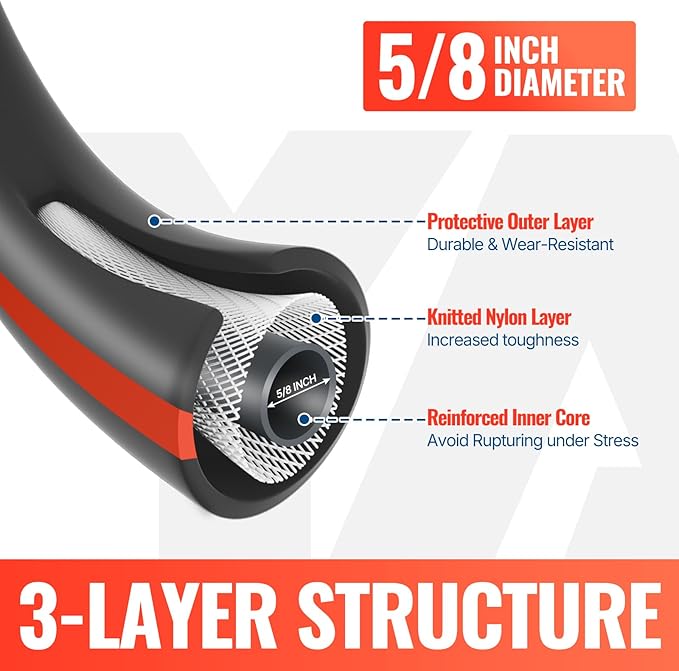 YAMATIC Garden Hose 25ft x 5/8in, Durable Water Hose with 10 Function Hose Nozzle, Swivel Handle, Kinkless, Leakproof, 3/4" Solid Brass Connections for Backyard Lawn Car Wash