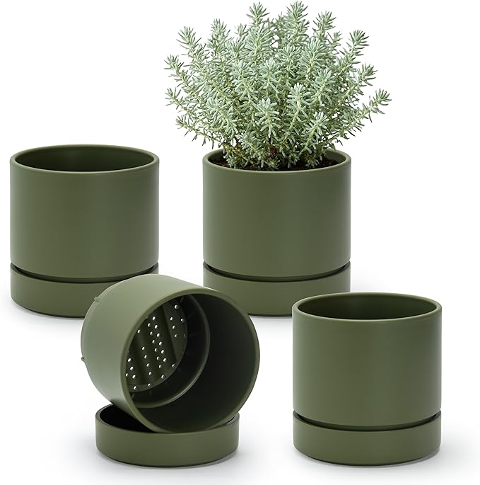 Phoenix Vine 6 Inch Planter Pot with Drainage Hole & Saucer, Deep Water Catch Tray, Straight Cylindrical Round Pot for Plants, Olive, Pack of 4, 23-F-S-4