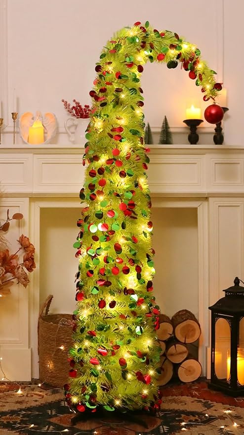HMASYO 5 FT Whimsical Pop Up Christmas Tree with Timer Lights, Lime Green Christmas Tinsel Tree Collapsible Artificial Pencil Tree for Indoor Home Apartment Porch Holiday Party Decorations