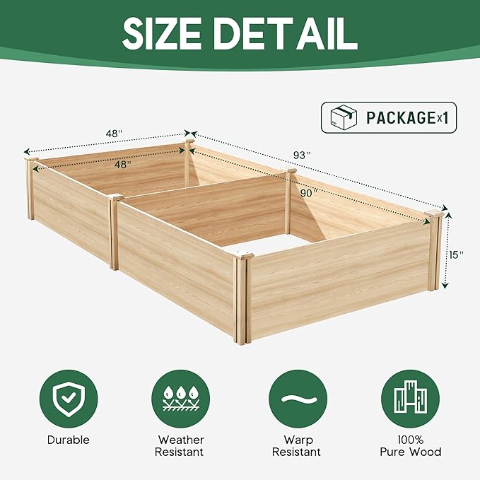 SPECRAFT 8x4 Ft Wood Raised Garden Bed, Durable 15 Inch Depth Planter Box for Vegetables, Herbs, and Flowers, Ideal for Outdoor Gardening with Open Base