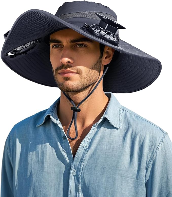 Wide Brim Sun Hat with 2 Solar Fan, Sun Bucket Hat for Men Women, UPF 50+ Bucket Fishing & Beach Hat with Fan