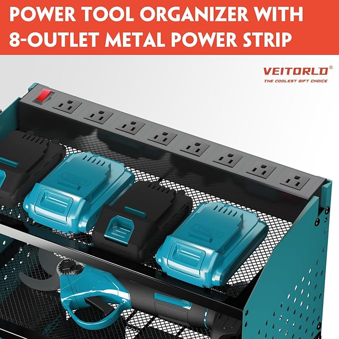 Veitorld Power Tool Organizer with Charging Station, Heavy Duty Modular Wall Mount Rack for Garage - 4 Drill Holders, Tool Storage Organizer, Christmas Birthday Gifts for Men Him Dad Husband