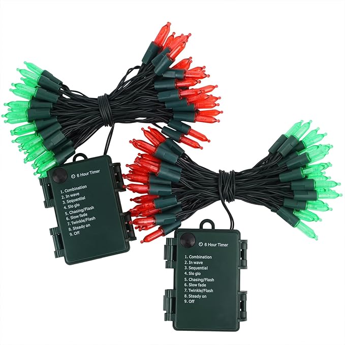 WATERGLIDE 2 Pack 50 LED Outdoor Christmas Lights, 16FT Battery Operated Mini String Lights with 8 Modes & Timer, Xmas Tree Lights Waterproof for Patio Garden Party Wedding Holiday Decor, Red & Green