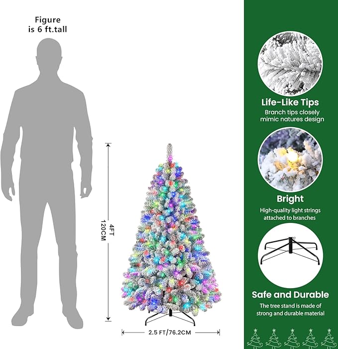 SHareconn 4ft Prelit Snow Flocked Spruce Artificial Christmas Tree with Remote (2025 Upgraded), 170 Pre-Lit Multi-Color RGB Lights, Full Snow Branch Tips for Home, Office, Xmas Decoration, 4 FT