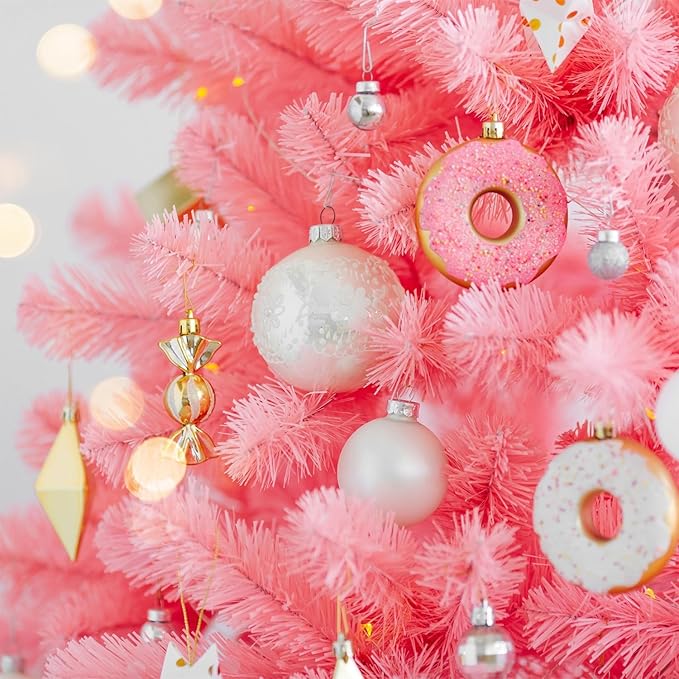 Juegoal 6 FT Artificial Christmas Tree (NOT Pre-Strung) with 300 LED Warm White String Lights, Spruce Hinged Tree, 8 Lighting Modes, Fake Xmas Pine Tree with Metal Legs, 850 Branch Tips, Pink