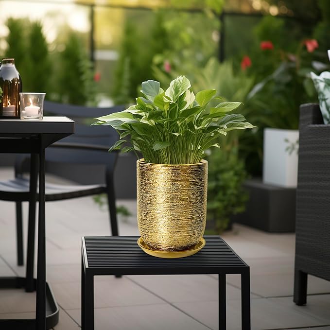 Indoor Plant Pot 8 Inch - Ceramic Planter for Indoor Outdoor Flowers, Round Modern Flower Pot with Drainage Hole and Saucer, Gifts for Plants Lovers, Garden Room Decor, Gold
