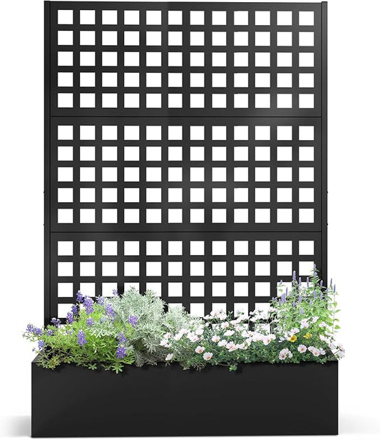 Metal Planter Box with Trellis, Planter Box with Privacy Screen, Privacy Trellis Outdoor for Climbing Plants with Drainage Holes, Raised Garden Bed for Vegetables
